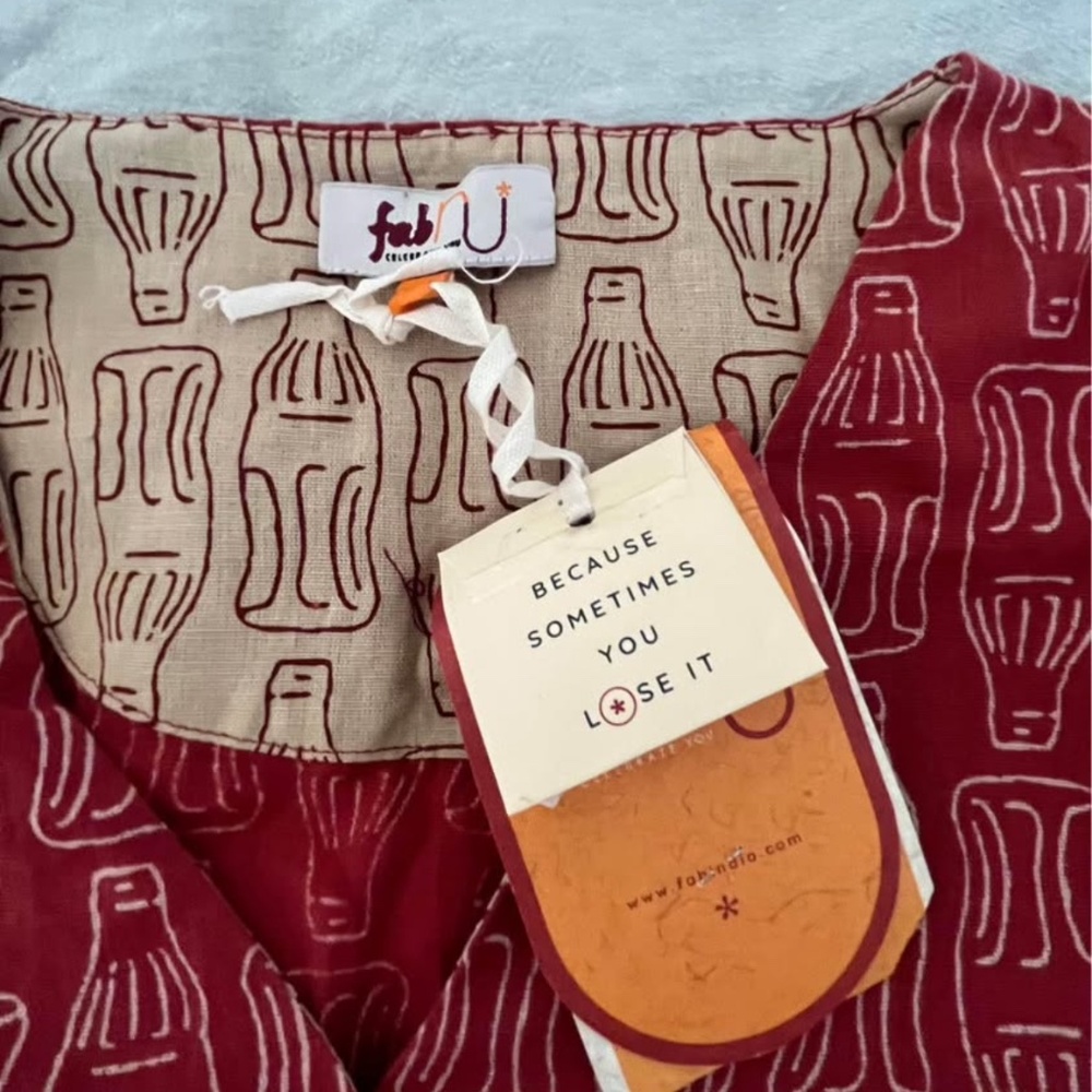 New FabIndia Indian Hand-Dyed Cotton Textile Babydoll Dress With Quirky Bottle P - Picture 5 of 6